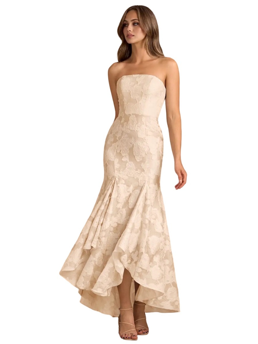 Azazie Atelier Avina Cream Maxi Dress Lace Organza Jacquard Mermaid Size 10 NWT